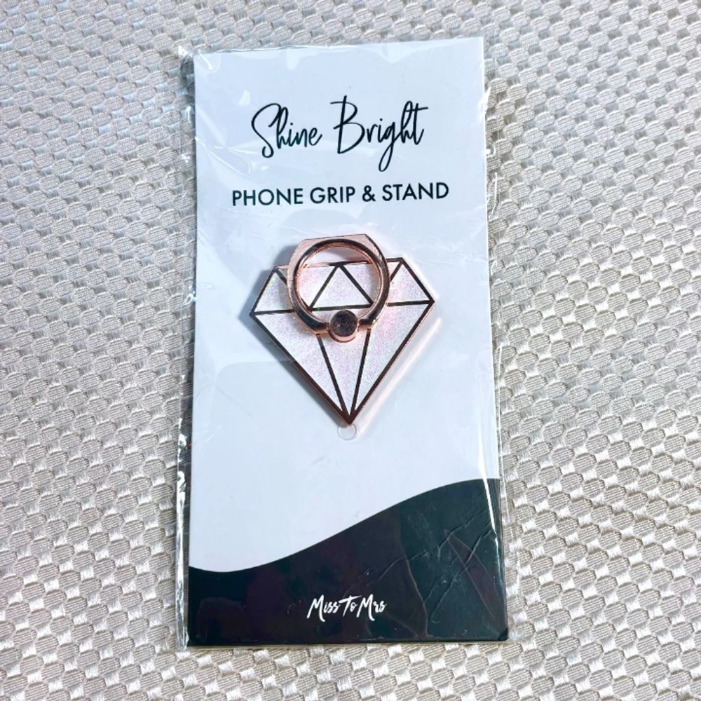 Glittery White Diamond Phone Grip and Kickstand with Rose Gold Toned Metal